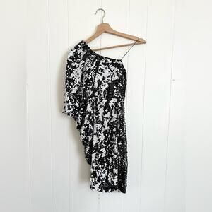 Aidan mattox sequin one shoulder cape dress mini black white